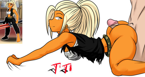 1boy 1girls adventurequest_worlds aqw aqworlds artix_entertainment ass ass_focus assjob bandages belt big_ass big_penis blonde_hair bottomless bottomless_female buttjob cleavage covered_assjob covered_buttjob doggy_style female female_focus fit fit_female grabbing_sheets hotdogging hotdogging_ass legs legs_apart long_hair long_ponytail looking_at_penis looking_back male no_panties no_pants original_character penis penis_between_ass ponytail sarashi suicidetoto tan_body tan_skin thick_ass thick_thighs unseen_male_face vest vest_only white_background yellow_eyes