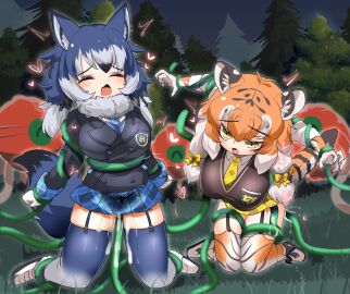 2girls animal_ears animal_print arms_up black_hair black_jacket black_ribbon black_vest blazer blue_hair blue_necktie blue_skirt blue_theme blush bow breasts buttons cellien_(kemono_friends) closed_eyes collared_shirt commentary_request cum cum_on_legs dire_wolf_(kemono_friends) double-breasted female forest full_body fur-trimmed_footwear fur_collar fur_trim garter_straps gloves grass grey_hair grey_sky grey_thighhighs hair_between_eyes hair_ribbon hairbow highres jacket kemono_friends kemono_friends_3 kneeling large_breasts lets0020 long_hair looking_at_viewer medium_bangs miniskirt multicolored_hair multiple_females multiple_girls nature necktie night oerba_yun_fang open_mouth orange_hair orange_thighhighs outdoors plaid plaid_bow plaid_necktie plaid_skirt pleated_skirt print_gloves print_thighhighs restrained ribbon shirt shoes siberian_tiger_(kemono_friends) skirt sky stiff_tail tail tentacle tentacle_sex thighhighs tiger_ears tiger_girl tiger_print tiger_tail tree variant_set vest white_footwear white_hair white_shirt wolf_ears wolf_girl wolf_tail yellow_bow yellow_eyes yellow_necktie