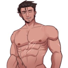 1boy abs awkkk bara cheeky_smile completely_nude dark-skinned_male dark_skin defined_muscles facial_hair gay male male_focus male_only mobile_legends mobile_legends:_adventure mobile_legends:_bang_bang muscles muscular muscular_male naked naked_male nude nude_male one_eye_closed penis roger_(mobile_legends) scarred scarred_body scarred_torso scars scars_on_body scars_on_chest smirk smirking solo solo_male stubble veins veiny_penis white_background wink yaoi