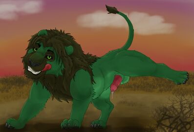 animal_genitalia animal_penis aroused balls bedroom_eyes big_penis bodily_fluids claws detailed_background digital_media_(artwork) erection fangs feet felid feline feline_genitalia feline_penis feral fur genital_fluids genitals grass green_body green_eyes hair hi_res line_art lion looking_at_viewer male mammal narrowed_eyes nude open_mouth outside pantherine pawpads paws penile_spines penis plant pose precum presenting raised_leg rhox seductive shaded simple_background sky smile smiling_at_viewer solo tail teeth toes tongue tongue_out