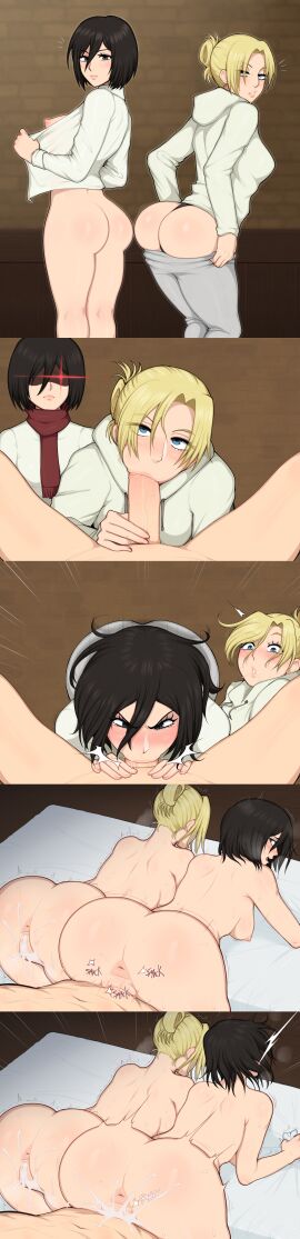 1boy 2girls afrobull annie_leonhardt asian asian_female attack_on_titan black-haired_female black_hair blonde-haired_female blonde_female blonde_hair blowjob comic comic_strip competition competitive_sex completely_nude cum cum_in_pussy eren_jaeger female ffm_threesome fucked_silly full_comic hard_sex impregnation jealous jealous_female male male_pov mikasa_ackerman multiple_impregnation nude penis pov pussy rough_sex sex sheet_grab shingeki_no_kyojin short-haired_female short_hair straight straight_sex threesome trio trio_focus undressing undressing_self vagina vaginal_penetration vaginal_sex wasian_girl