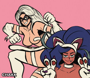 2girls big_breasts black_cat_(marvel) blue_eyes blue_hair breasts cat_ears cat_girl catgirl chakkux cosplay crossover crossover_cosplay darkstalkers eastern_and_western_character felicia felicia_(darkstalkers) felicia_(darkstalkers)_(cosplay) felicia_hardy female female_only long_hair marvel marvel_comics multiple_females multiple_girls name_connection posing spider-man_(series) white_hair wink