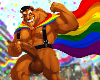 2024 anthro armpit_hair balls beast_(disney) beauty_and_the_beast big_balls big_penis bisexual_pride_colors body_hair brown_body brown_fur cape chest_hair clothing disney dream_and_nightmare fur gay genitals lgbt_pride lgbt_pride_month looking_at_viewer male male_only mammal monster multicolored_cape multicolored_clothing pansexual_pride_colors penis rainbow_cape rainbow_clothing rainbow_pride_colors solo teeth