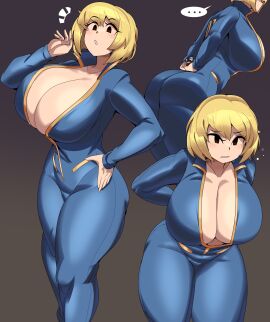 1girls ass big_ass big_breasts blonde_hair breasts busty captain_kirb cleavage clothing fallout female female_only hand_on_hip huge_breasts large_breasts looking_at_viewer no_bra open_clothes open_suit png short_hair solo thick_thighs vault_girl vault_suit wide_hips