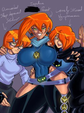 3girls ben_10 big_breasts blush breasts cartoon_network clothed clothing color english_text female female_focus female_only future_gwen glasses green_eyes gwen_tennyson gwen_tennyson_(omniverse) hi_res large_breasts light-skinned_female light_skin looking_at_viewer orange_hair short_hair solo_female tagme tazwomante text thick_thighs
