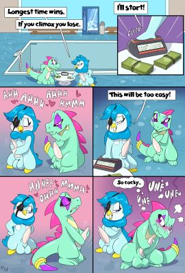 2024 absurd_res accessory alligator animal_genitalia animal_penis anthro avian back_spikes balls beak big_penis biped bird blue_body bodily_fluids comic crocodilian cum cum_from_penis cum_on_penis dialogue duo english_text erection eye_patch eyewear fuf furgonomics generation_2_pokemon generation_4_pokemon genital_fluids genitals grey_body heart_symbol hi_res huge_cock inside jewelry leaking_cum looking_at_another male male/male masturbation money nintendo nude penguin penile penile_masturbation penis piplup pokemon pokemon_(species) reptile ring scalie snaggle_tooth species_request speech_bubble spikes spikes_(anatomy) swimming_pool tail tail_accessory tail_jewelry tail_ring text timer totodile white_body