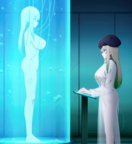 2girls areolae ass blonde_hair breasts clothing huge_breasts kakushite!_makina-san!! large_breasts nipples nude sakimori_alma screencap see-through_clothing shaved_crotch thighs