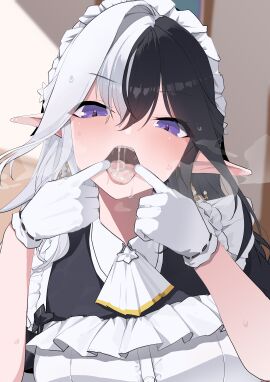 absurdres apron black_hair blush commission cum cum_in_mouth earrings eileennoir female finger_in_own_mouth gloves gokkun highres indie_virtual_youtuber jewelry long_hair looking_at_viewer maid maid_apron maid_headdress multicolored_hair open_mouth oral_invitation pointy_ears purple_eyes saliva short_sleeves skeb_commission solo sweat teeth tongue tongue_out two-tone_hair upper_teeth_only virtual_youtuber white_apron white_gloves white_hair yanagui_yugi