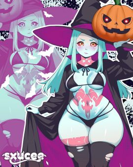 1girls big_breasts blush breasts cyan_skin cyberpunk:_edgerunners cyberpunk_2077 eyebrows female female_only green_eyes hair_ornament huge_breasts long_hair purple_background purple_hair purple_theme rebecca_(edgerunners) ripped_thighhighs simple_background sxucee thighhighs witch_costume witch_hat