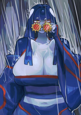 1girls 2025 big_breasts blue_hair cleavage gijinka huge_breasts humanized kyogre looking_at_viewer miaojiangyou pokemon solo solo_female tagme yellow_eyes