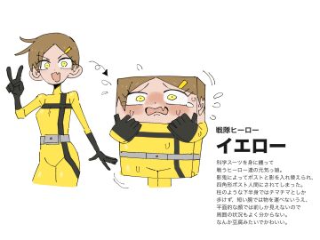 1girls boxification breasts female japanese_text small_ass small_breasts tabasuko_(artist) tagme transformation yellow_(tabasuko) yellow_bodysuit