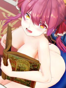 1girls 3d 3d_(artwork) 3d_model ass book breasts cleavage completely_nude covered_nipples covering covering_breasts female heterochromia hololive hololive_fantasy hololive_japan houshou_marine light-skinned_female light_skin looking_at_viewer looking_up mikumikudance mithras_custom mmd naked nude nude_female ouch_meme red_eyes red_hair twintails virtual_youtuber vtuber yellow_eyes