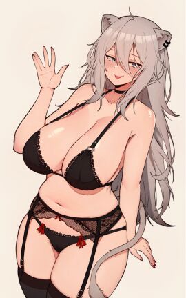 1girls ahoge bare_shoulders black_bra black_choker black_garter_straps black_panties black_thighhighs blush bra breasts cameltoe choker cleavage collarbone ear_piercing female garter_belt garter_straps grey_eyes grey_hair hair_between_eyes hololive hololive_gen_5 hololive_japan large_breasts lion_ears lion_girl long_hair nail_polish navel painted_nails panties pussy red_nails shishiro_botan sideboob solo thighhighs thighs tongue tongue_out varniskarnis virtual_youtuber