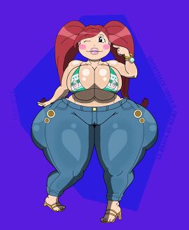 aiba_manami ass big_breasts bikini_top boku_no_hero_academia breasts cosplay facing_forward facing_viewer female female_only front_view green_bikini huge_ass jeans la_brava_(my_hero_academia) lipstick looking_at_viewer my_hero_academia nami_(one_piece) nami_(one_piece)_(cosplay) notagoodguy1_(autor) october one_piece red_hair sandals shortstack shortstack-tober thick thick_ass thick_thighs