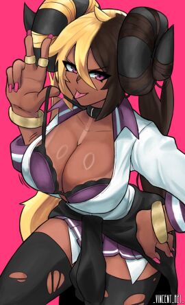 1girls aife_(zanamaoria) big_breasts black_thighhighs blonde_hair bra_pull breasts brown_hair curved_horns demon female female_only gyaru hair_on_horn hi_res horns long_hair looking_at_viewer peace_sign pink_background pink_eyes smiling smiling_at_viewer solo succubus tan_skin tanline thighhighs tongue tongue_out torn_thighhighs two-tone_hair v_sign vincent_a2t