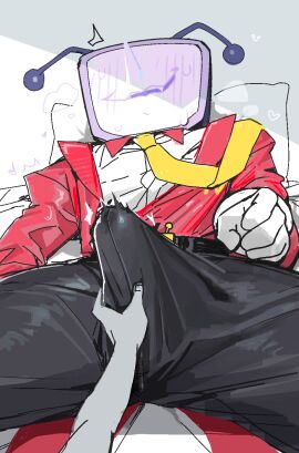 artist_request business_attire business_suit deltarune deltarune_chapter_3 erection fully_clothed huge_cock male_focus object_head penis pov pov_handjob size_difference solo tenna_(deltarune) tv_head