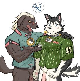 a-shuo_(zenless_zone_sero) absurd_res anthro arm_around_shoulders awkward barazoku biceps blue_eyes blush bodily_fluids bottomless bottomless_anthro bottomless_male canid canine canis cigarette clothed clothing collar cybernetic_arm cybernetic_limb domestic_dog duo eyewear floppy_ears flying_sweatdrops gay gay_male gender_symbol genitals glasses green_clothing green_shirt green_topwear hayahaya hi_res holding_cigarette holding_object howl_(zenless_zone_zero) husky looking_aside male male/male male_symbol mammal mihoyo muscular muscular_anthro muscular_male name_tag nordic_sled_dog pantsless penis red_eyes saliva shirt simple_background smile speech_bubble spitz sweat sweatdrop symbol tongue tongue_out topwear vein veiny_penis white_background yaoi zenless_zone_zero