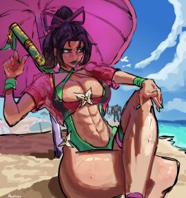 1boy 2girls abs beach beach_umbrella eyeshadow female female_abs green_eyeshadow green_lipstick green_nail_polish green_nails lipstick luna_snow_(cool_summer) marvel marvel_comics marvel_rivals ocean pinup ponytail proksuh psylocke psylocke_(sai)_(breezy_butterfly) sea sitting solo_focus swimsuit sword_on_back thick_thighs venom_(marvel_rivals) wristwear
