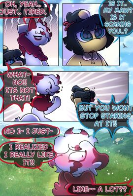 absurd_res blue_eyes blush blushing_profusely comic english_text flustered fur generation_3_pokemon generation_8_pokemon halfpricesouls hi_res hisuian_form hisuian_zorua licking male male/male mango_(halfpricesouls) mawile nintendo pokemon pokemon_(species) regional_form_(pokemon) text tongue tongue_out white_body white_fur yellow_body zoro_(halfpricesouls)