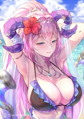 1girls alternate_costume armpits arms_behind_head beach bikini black_bikini blue_gemstone blue_sky breasts cleavage cloud cloudy_sky curled_horns female female_only fire_emblem fire_emblem_heroes flower gem goat_horns gold_armlet hair_flower hair_ornament horns jewelry large_breasts large_horns light_blush long_hair mature_female necklace nerthuz_(fire_emblem) nintendo ocean official_alternate_costume outdoors pink_hair ponytail purple_eyes purple_horns sand sideboob sky smile solo swimsuit t_misaomaru twitter_username upper_body very_long_hair