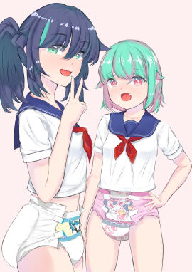 2girls abdl absurd_res abu_bunnyhopps abu_peekabu black_hair breasts cute_fang diaper female green_eyes green_hair hand_on_own_hip highres multicolored_hair multiple_females multiple_girls open_mouth original peek pink_diaper pink_eyes ponytail print_diaper sailor_collar school_uniform serafuku short_hair skin_fang small_breasts sypztep v