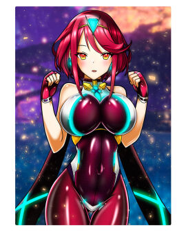 1girls big_breasts bodysuit breasts core_crystal earrings female fenrirvancross fingerless_gloves gloves large_breasts latex latex_bodysuit looking_at_viewer multicolored_bodysuit nintendo pyra red_eyes red_hair short_hair tiara xenoblade_(series) xenoblade_chronicles_2
