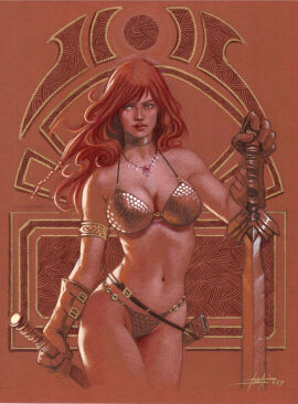 1girls bra choker closed_mouth curvy fair_skin female female_only human human_female lucastrati marvel marvel_comics navel necklace open_eyes red_hair red_sonja signature solo sword weapon