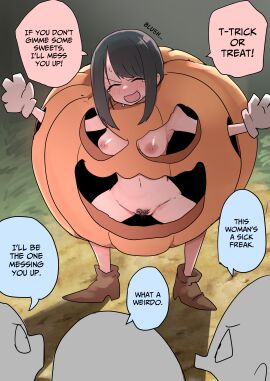 blush breasts breasts_exposed closed_eyes dialogue embarrassed embarrassed_nude_female enf english_text female female_focus female_pervert functionally_nude gloves hairy_pussy halloween halloween_costume humiliation legs_apart light-skinned_female light_skin naked_footwear navel nervous_smile nipples nude nude_female practically_nude pubic_hair public public_humiliation public_nudity pumpkin_costume pussy shoes smile speech speech_bubble standing sweat tanonnte tanontenannte text translated