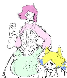 1_eye 1boy 1girls 2d 2d_(artwork) 2d_artwork balls ballsack big_balls big_bulge big_penis blush_lines bulge choker clothed clothed_male clothes clothing dog_ears drool drooling ear_ring female femboy hair hung_femboy hyper_balls hyper_penis looking_at_phone looking_at_viewer male multicolored_hair peace_sign penis phone pink_hair ripped_clothing short_hair thick thick_thighs thighs thunder_thighs thunderthighs tongue tongue_out yobaba