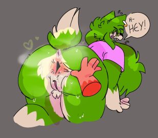 2023 anthro anus ass big_ass big_butt blush bodily_fluids canid canine canis disembodied_hand ear_piercing ear_ring female fur genitals green_body green_fur green_hair hair kris_(krisispiss) mammal musk musk_clouds piercing pinkshinyhorns pussy ring_piercing solo spread_anus spreading sweat sweaty_ass sweaty_butt text white_body white_fur wolf