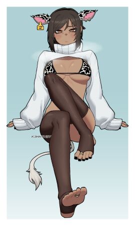 absurdres amogus among_us_reference animal_ears animal_print bikini black_nails blue_background blush breasts cleavage clothing_cutout commentary cow_ears cow_print cow_print_bikini cow_tail crossed_legs dark_skin fake_animal_ears feet female fingernails full_body gradient_background highres jewelry k3nnyn3v large_breasts legs limbus_company long_sleeves nail_polish outis_(limbus_company) print_bikini project_moon shrug_(clothing) sidelocks simple_background sitting sleeves_past_wrists soles solo stirrup_legwear sweater swept_bangs swimsuit tail thighhighs toe_ring toeless_legwear toes turtleneck watermark white_sweater yellow_eyes