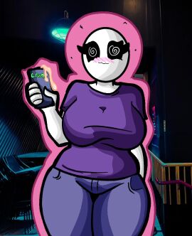 1girls :3 bald bald_female big_breasts black_eyes blush breasts chetoh claire_(chetoh) clothed clothed_female cream egg female holding holding_drink holding_object jeans oc original original_character photo_background purple_shirt shirt smile spiral_eyes thighs white_body woozy