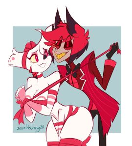 1boy 1girls alastor_(hazbin_hotel) angel_dust_(hazbin_hotel) busty_female female genderswap_(mtf) gift_wrapped gift_wrapped_female hazbin_hotel male male/female male_villain mtf_transformation red_clothing rule_63 tagme transformation vivienne_medrano vivziepop white_background white_fur zexal-bunny20