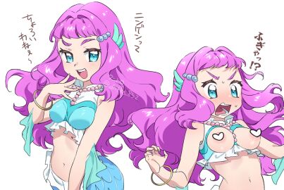 :d blue_eyes blush bracelet breasts censored commentary cure_la_mer dntks female fins head_fins heart heart_censor jewelry laura_(precure) laura_la_mer laura_la_mer_(mermaid) long_hair looking_at_viewer medium_breasts merfolk mermaid midriff monster_girl multiple_views navel open_mouth pink_hair precure pretty_cure simple_background smile teeth translated tropical-rouge!_precure upper_teeth white_background