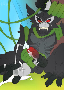 4_toes 5_fingers after_sex balls black_body black_fur boarred bodily_fluids claws cum cum_on_feet cum_on_self digital_media_(artwork) ejaculation erection fangs fangs_bared feet feral fingers fur generation_8_pokemon genital_fluids genitals green_eyes grey_body gripping_penis haplorhine humanoid_genitalia legendary_pokemon male mammal monkey nintendo orgasm penis plant pokemon pokemon_(species) primate red_sclera reverse_grip sharp_teeth smile solo teeth toes vines zarude