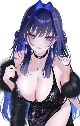 707arisu bare_shoulders black_choker black_dress blue_eyes blue_hair breasts choker closed_mouth collarbone dress earrings evening_gown feather_boa female hair_intakes highres hololive hololive_english hololive_english_-council- hololive_english_-promise- jewelry large_breasts lips long_hair looking_at_viewer ouro_kronii pelvic_curtain simple_background solo sparkle very_long_hair virtual_youtuber white_background