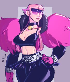 1futa bangs big_breasts breasts bulge cleavage clothed clothing fully_clothed futa_only futanari human intersex light-skinned_futa light_skin manon_legrand pink_hair purple-tinted_eyewear short_hair solemnviper solo standing street_fighter street_fighter_6 sunglasses tinted_eyewear wide_hips