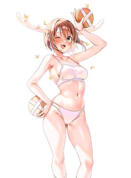 antlers armpits ass_visible_through_thighs bare_arms bare_belly bare_legs bare_shoulders bare_thighs belly_button blush breasts brown_hair cleavage collarbone color deer deer_biscuit female female_only fully_clothed green_eyes groin hip_bones horns machulanko medium_breasts one_eye_closed open_mouth panties revealing_clothes shikanoko_noko shikanoko_nokonoko_koshitantan short_hair sideboob smile sports_bra thighs underwear white_panties white_sports_bra white_underwear wink