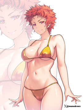 1girls bikini breasts etchimune female female_only fire_emblem fire_emblem_awakening gold_bikini navel nintendo red_hair short_hair smile solo sully_(fire_emblem) swimsuit