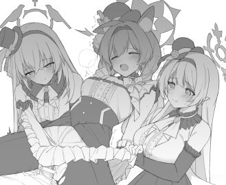 1boy 3girls animal_ears ascot blue_archive breasts closed_eyes clothes_lift cowgirl_position crossed_bangs detached_sleeves dress female flower_hat group_sex halo hat idol idol_clothes itose_ikuto large_breasts long_hair male mari_(blue_archive) mine_(blue_archive) mine_(idol)_(blue_archive) mini_hat mini_top_hat monochrome multiple_females multiple_girls official_alternate_costume pantyhose pussy reverse_cowgirl_position sakurako_(blue_archive) sakurako_(idol)_(blue_archive) sex skirt skirt_lift sleeveless sleeveless_dress straddling top_hat torn_clothes torn_pantyhose vaginal_penetration