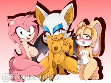 3girls amy_rose anthro ass bat big_ass big_breasts big_butt breasts bunny cream_the_rabbit female hedgehog klaussaurio lagomorph pussy rouge_the_bat sega sonic_(series) sonic_the_hedgehog_(series)
