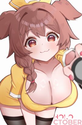 1girls animal_ears blush breasts brown_eyes brown_hair cleavage clothed clothing dog_ears dog_girl female heart heart-shaped_pupils hololive hololive_gamers hololive_japan huge_breasts inugami_korone large_breasts leggings legs legwear light-skinned_female light_skin nyutan nyutanart pointy_chin symbol-shaped_pupils virtual_youtuber