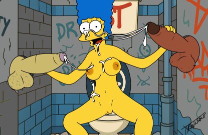 breasts cum cum_on_breasts cum_on_face cumshot dark-skinned_male dark_skin female glory_hole handjob male marge_simpson partial_male public simpsons stranger the_simpsons threesome trannsient
