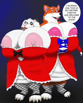 alythewolfcat anthro areola big_areola big_breasts breasts canid canine clothing dress duo english_text female fishnet_clothing fishnet_leggings fishnet_legwear fox fur hi_res huge_areola huge_breasts hyper hyper_breasts lagomorph leggings legwear leporid makeup mammal markings nipples rabbit red_clothing red_dress spots spotted_body spotted_fur text