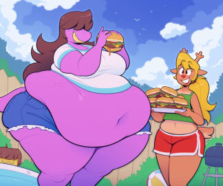 1other 2girls 4th_of_july anthro belly belly_bulge belly_button burger deltarune eating eating_burger eating_food fat fat_belly fat_female feedee feeder feederism feeding female female_feeder hidden hidden_face holding holding_burger holding_food holding_object kris_(deltarune) morbidly_obese noelle_(deltarune) noelle_holiday obese obese_female ridiculouscake scalie size_difference smile smirk sunny susie_(deltarune)