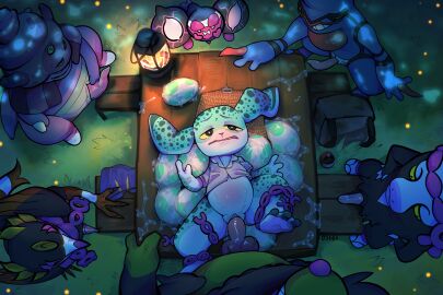 3:2 amphibian anthro avian bodily_fluids bottomless canid canine clothed clothing cres cum cum_on_body cumshot egg ejaculation female feral fezandipiti furniture galarian_form galarian_slowking gangbang gangrape genital_fluids genitals group group_sex haplorhine hi_res hippopotamid legendary_pokemon male male/female mammal munkidori night nintendo o-ishi okidogi pecharunt penetration penile penile_penetration penis penis_in_pussy pokemon pokemon_(species) pokémon_(species) primate pussy regional_form_(pokemon) sex shirt table topwear toxicroak vaginal_penetration