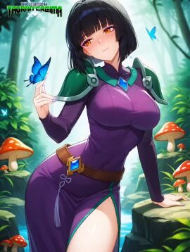 ai_assisted ai_generated black_hair blush bouncing_breasts breasts breasts_out butterfly dress eyebrows_visible_through_hair eyeshadow fair-skinned_female female forest high_quality high_resolution highres jiggling_breasts light-skinned_female logo mature_female mature_woman mayethikayian_(species)_(the_legendary_tauran'creima) music nipples no_voice_acting orange_eyes original original_character painted_nails pale-skinned_female sacredcourage self_upload serenity_addlebeen_(the_legendary_tauran'creima) shadowrealmarts short_hair shoulder_armor singing solo_female speaking_to_viewer stable_diffusion tagme talking_to_viewer the_legendary_tauran'creima video voluptuous_female walking walking_towards_viewer wardrobe_malfunction