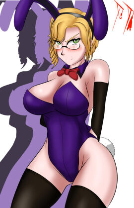 angry arms_behind_back artist_signature ass bare_shoulders big_breasts blonde_hair blush bowtie breasts bunny_ears bunny_tail bunnysuit female glasses gloves glynda_goodwitch green_eyes looking_at_viewer rooster_teeth rwby sillouette stockings suicidetoto thighs tumblr_link viz_media
