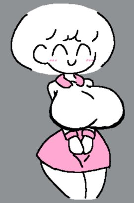 1girls big_breasts blush bokuwata_channel breasts female hands_clasped miniskirt momono_watashi pink_skirt simple_background simple_eyes simple_face skirt smile smiley_face thatartistann tight_clothing tight_shirt white_body white_hair white_skin white_skinned_female