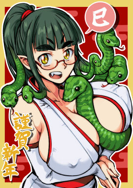 breasts breasts_bigger_than_head chinese_text fang glasses green_eyes green_hair huge_breasts kaga_kasama nipple_bulge nipples nipples_visible_through_clothing red_background snake snakes tagme